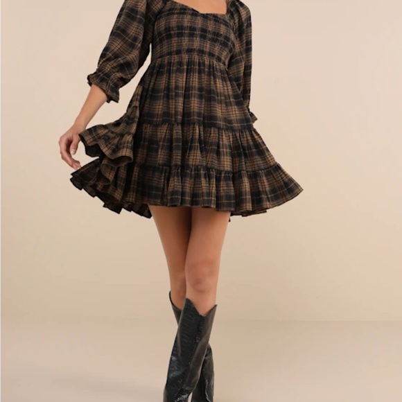 Lulu's Black and Brown Plaid Long Sleeve Dress - Picture 3 of 6